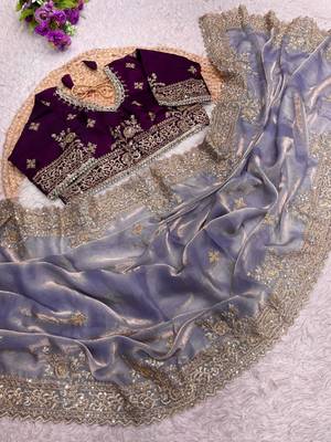 lavender satin embroidered sequin heavy border sarees 5
