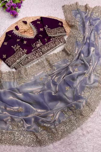 lavender satin embroidered sequin heavy border sarees