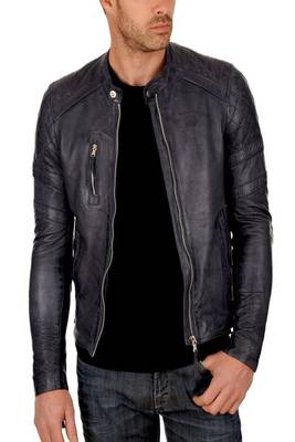 men's black lambskin leather quilted shoulder biker jacket 1