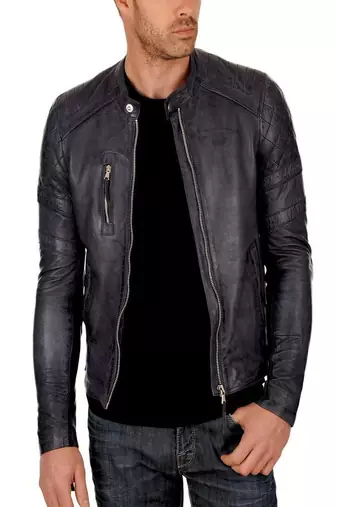 Men's leather jacket biker real lambskin motorcycle quilted shoulder jacket