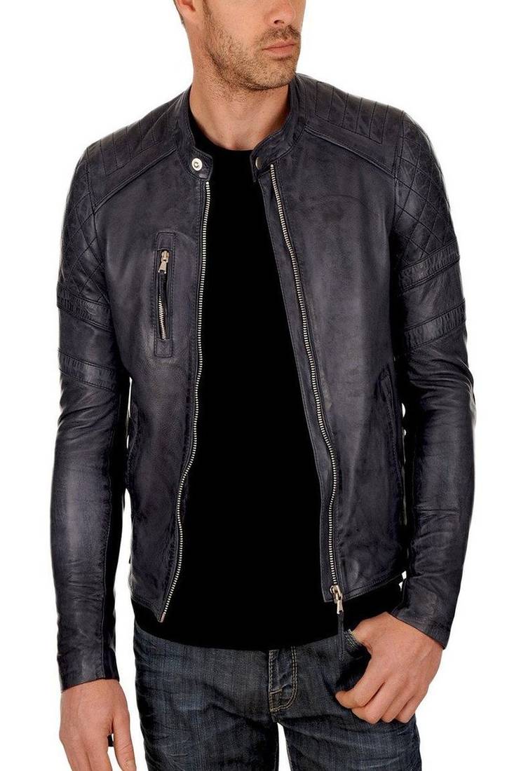 Men's leather jacket biker real lambskin motorcycle quilted shoulder jacket