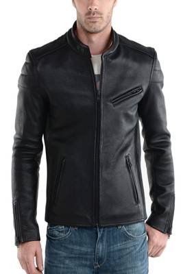 men's black lambskin leather stand collar biker jacket 1