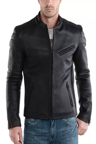 Men’s leather jacket biker real lambskin motorcycle stand collar jacket