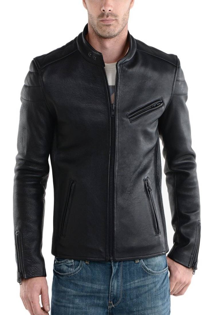 Men’s leather jacket biker real lambskin motorcycle stand collar jacket