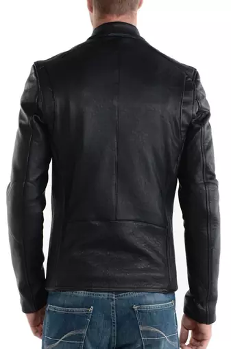 men's black lambskin leather stand collar biker jacket