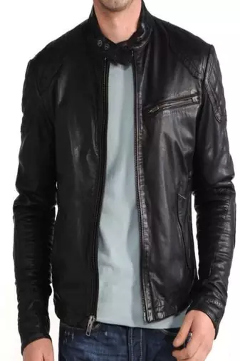 Men’s black leather biker jacket  quilted shoulder slim fit motorcycle jacket