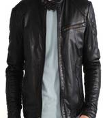 Men’s black leather biker jacket  quilted shoulder slim fit motorcycle jacket