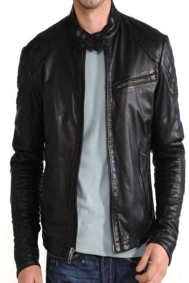 Men’s black leather biker jacket  quilted shoulder slim fit motorcycle jacket