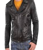 Men's genuine lambskin black leather biker jacket slim fit rider style