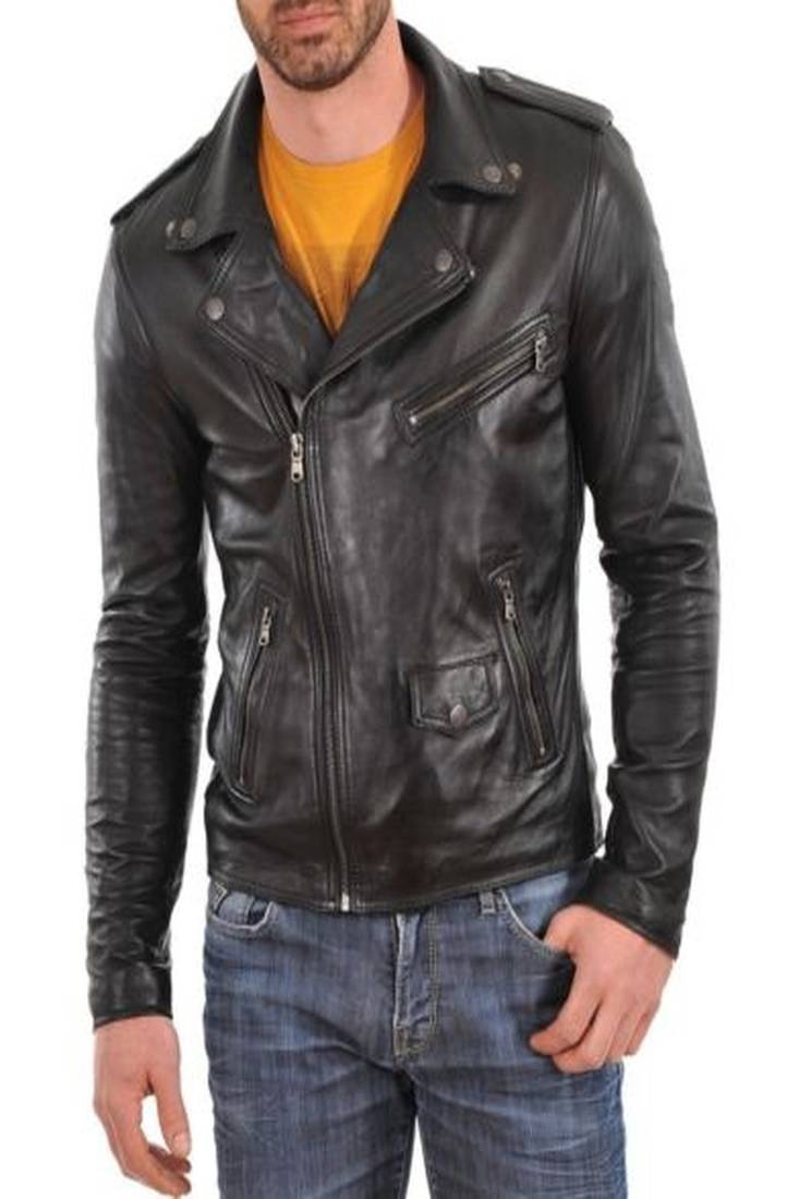 Men's genuine lambskin black leather biker jacket slim fit rider style