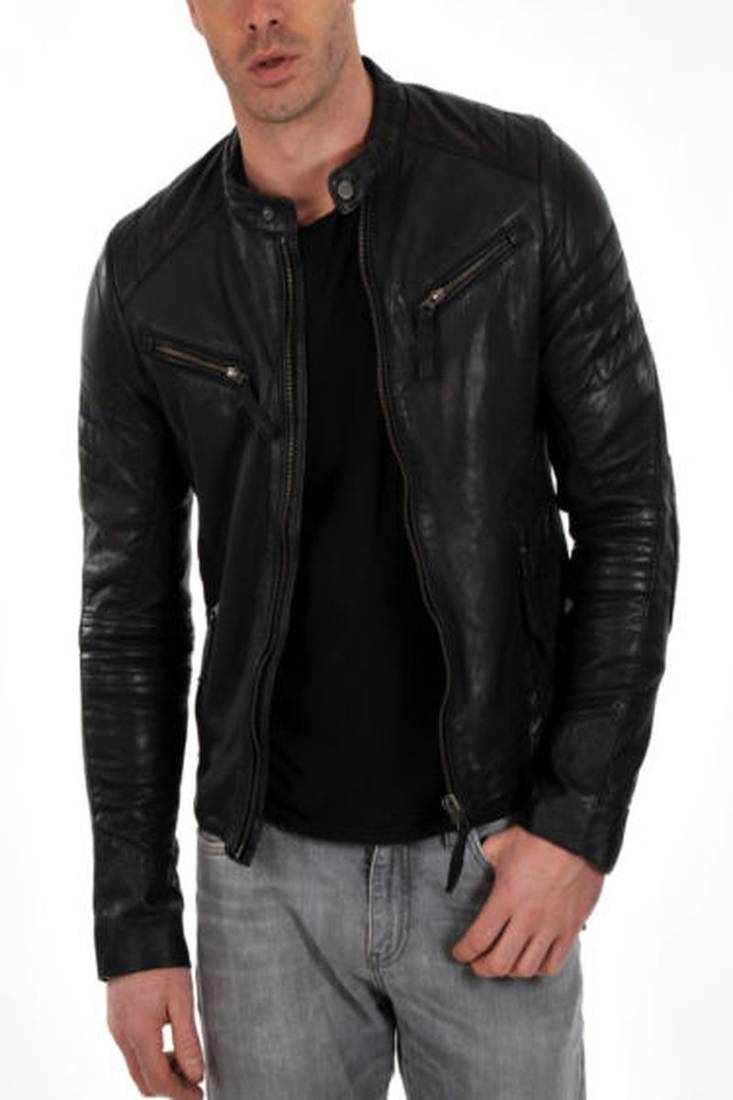 Men's genuine black lambskin leather motorcycle jacket