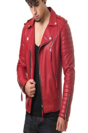 Men's red lambskin leather motorcycle biker jacket with asymmetrical zipper