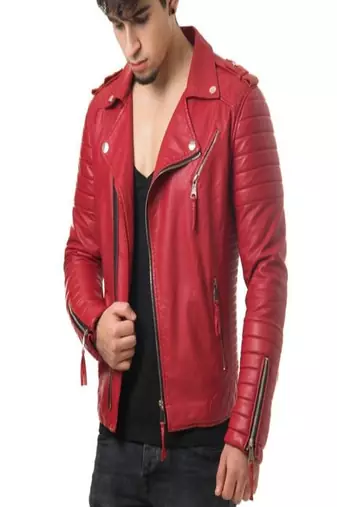Men's red lambskin leather motorcycle biker jacket with asymmetrical zipper