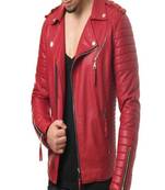 Men's red lambskin leather motorcycle biker jacket with asymmetrical zipper