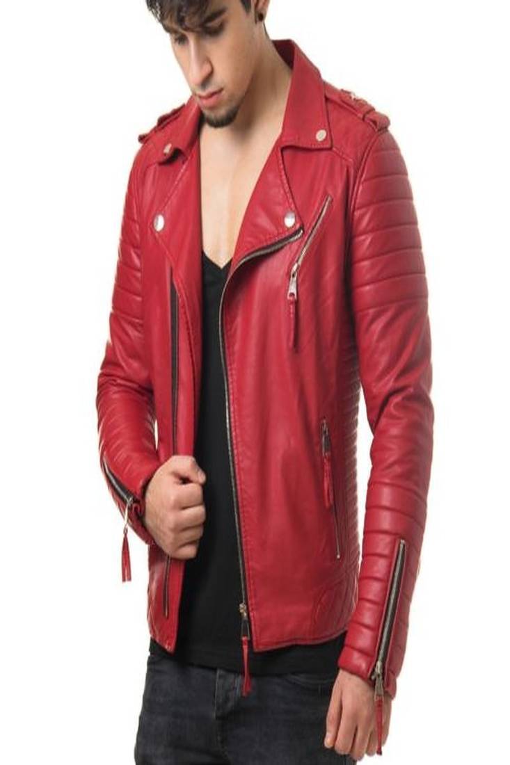 Men's red lambskin leather motorcycle biker jacket with asymmetrical zipper