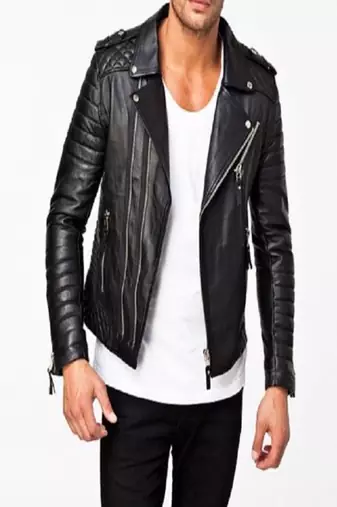 Men's black lambskin leather motorcycle biker jacket with asymmetrical zipper