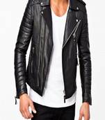 Men's black lambskin leather motorcycle biker jacket with asymmetrical zipper