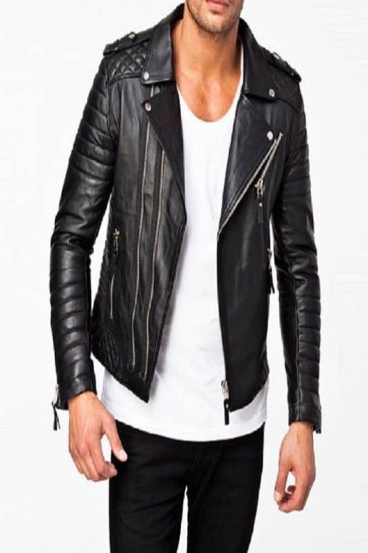 Men's black lambskin leather motorcycle biker jacket with asymmetrical zipper