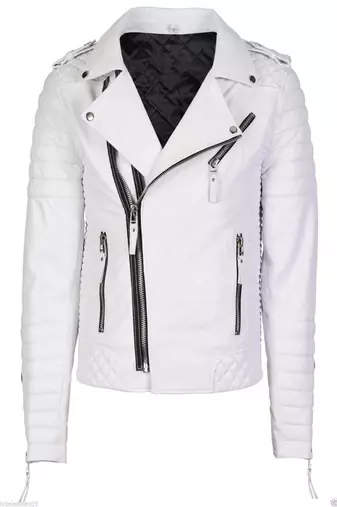 Men's white lambskin leather motorcycle biker jacket with asymmetrical zipper