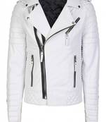 Men's white lambskin leather motorcycle biker jacket with asymmetrical zipper