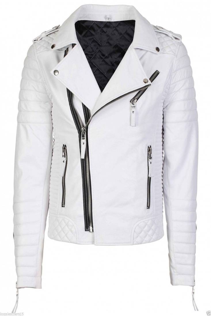 Men's white lambskin leather motorcycle biker jacket with asymmetrical zipper