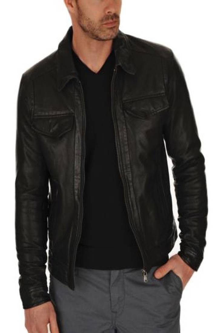 Men's genuine lambskin leather jacket chest flap pocket