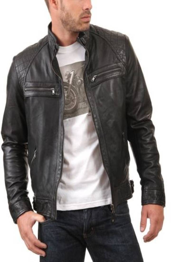 Genuine lambskin leather biker jacket quilted style jacket