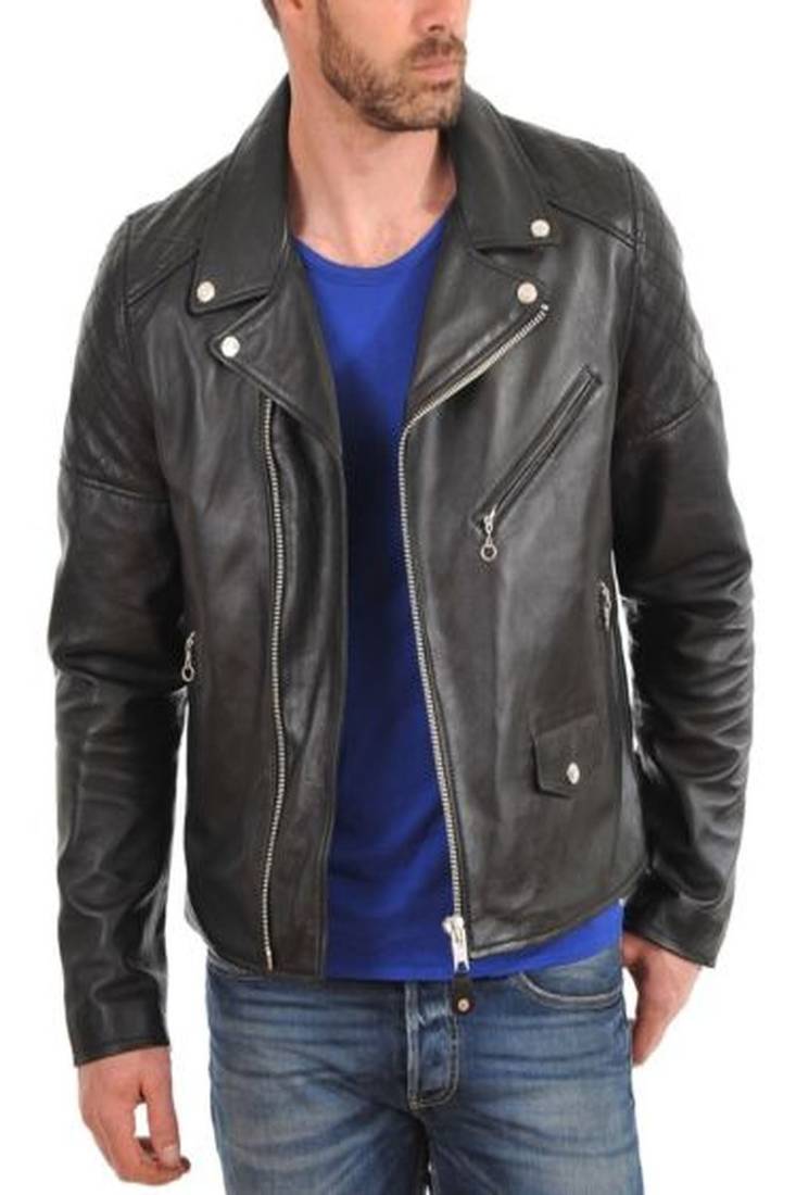 Genuine lambskin leather biker jacket shoulder quilted style
