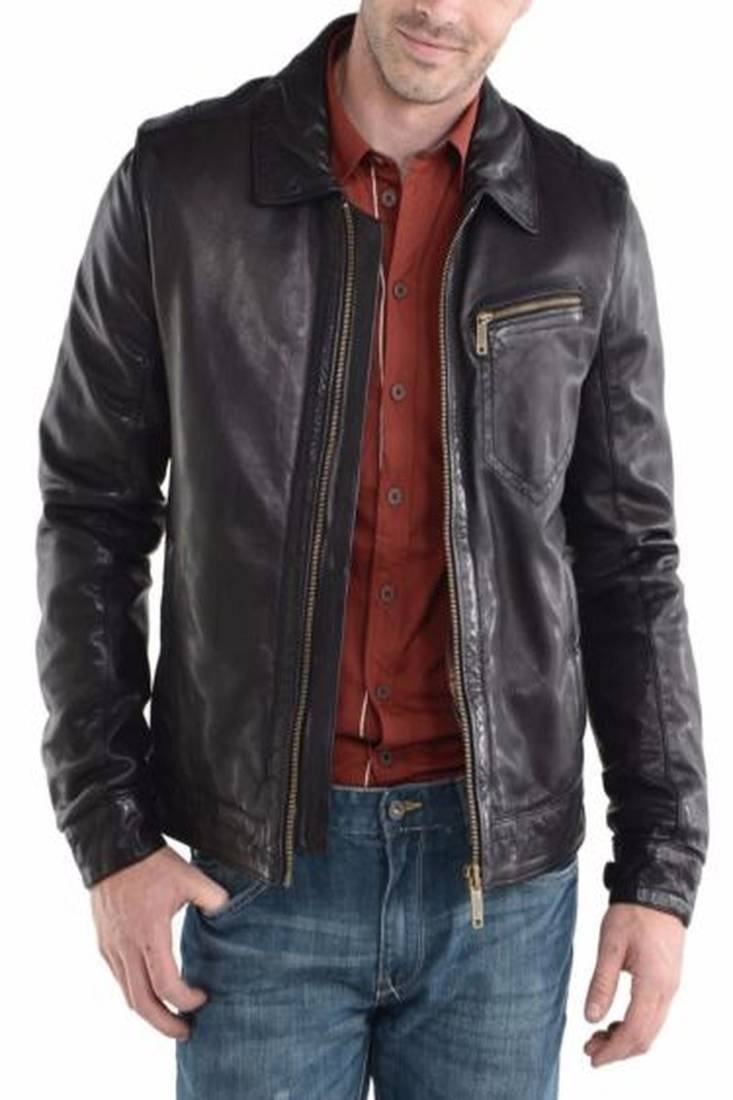 Mens lambskin real leather jacket zipper biker moto slim fit jacket