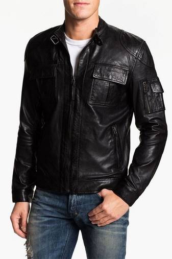 Men's vintage cafe racer black leather biker moto slim fit jacket