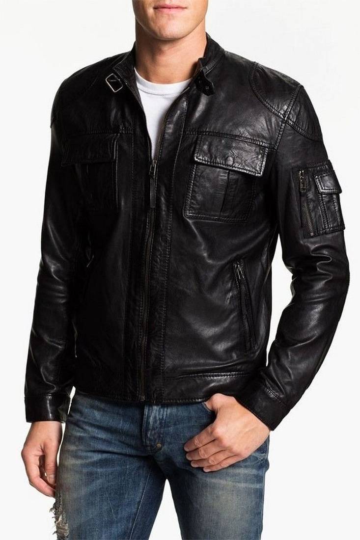 Men's vintage cafe racer black leather biker moto slim fit jacket