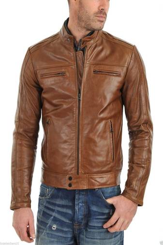 Men's vintage cafe racer brown leather biker moto slim fit jacket
