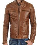 Men's vintage cafe racer brown leather biker moto slim fit jacket