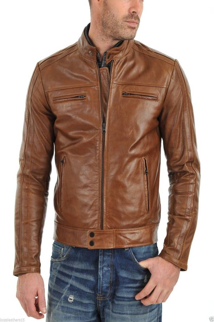 Men's vintage cafe racer brown leather biker moto slim fit jacket