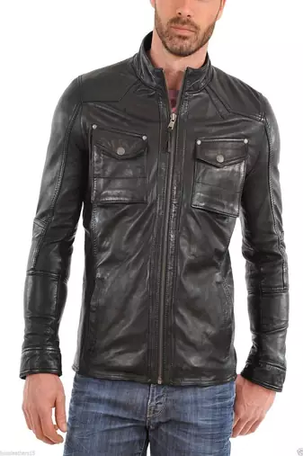 Men's vintage cafe racer black lambskin leather biker jacket