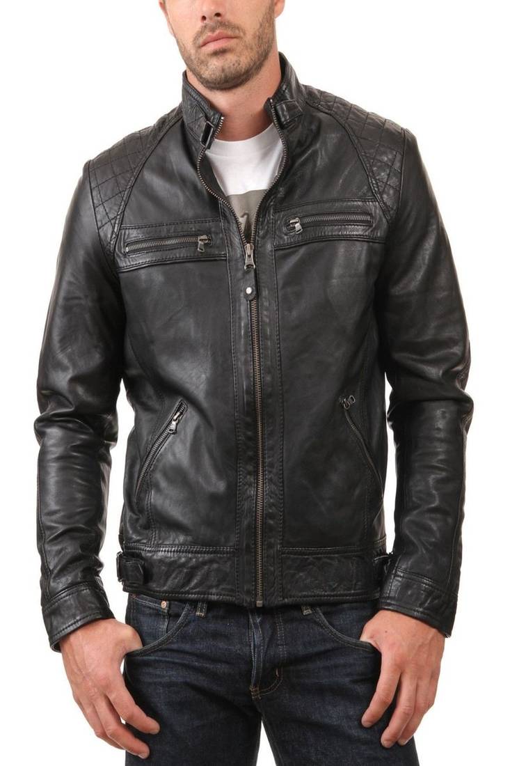 Men's vintage cafe racer black leather biker slim fit jacket