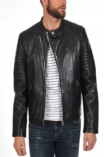 Mens lambskin real leather jacket zipper biker moto slim fit jacket
