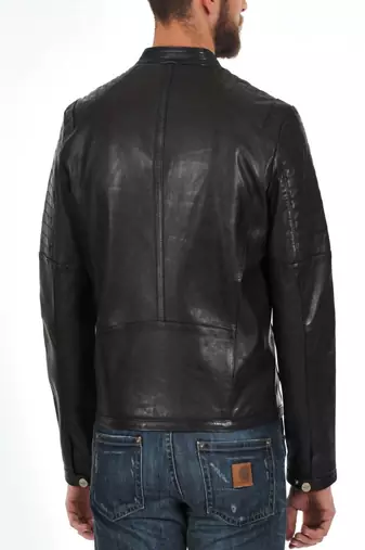 men's black lambskin leather quilted sleeve biker jacket