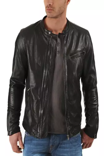 Mens lambskin real leather jacket biker moto slim fit jacket