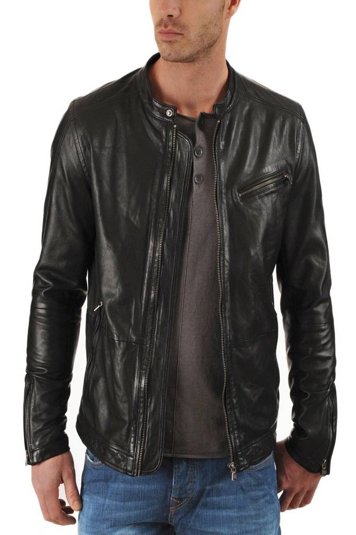 Mens lambskin real leather jacket biker moto slim fit jacket