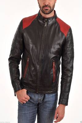 men's black leather quilted shoulder biker jacket 1