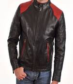 Men's black leather biker jacket, quilted shoulders, multiple zip pockets jacket