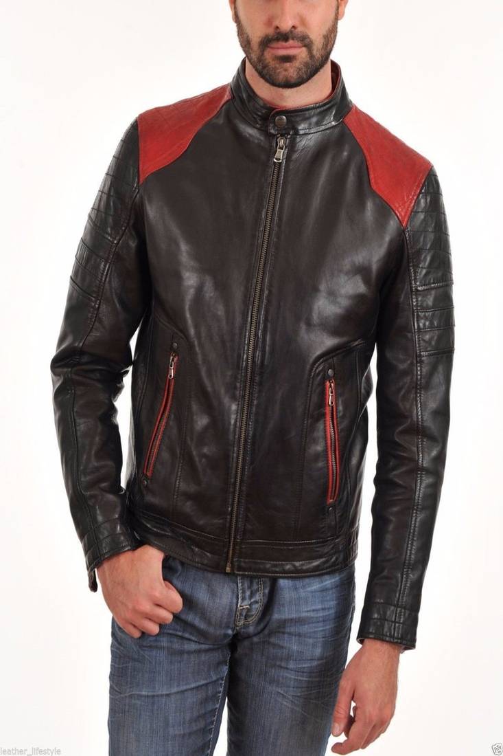 Men's black leather biker jacket, quilted shoulders, multiple zip pockets jacket