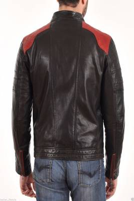 men's black leather quilted shoulder biker jacket 2