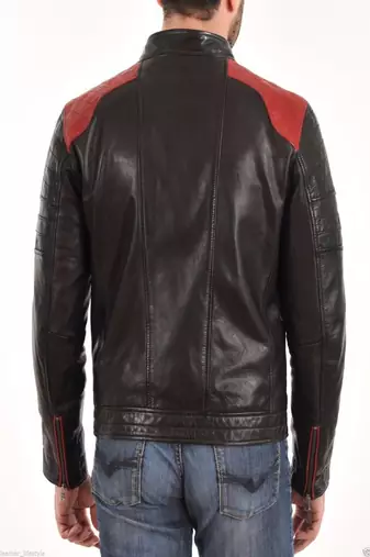 men's black leather quilted shoulder biker jacket