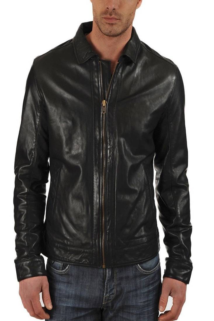 Mens lambskin real black leather jacket biker moto slim fit jacket