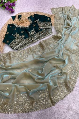 Light Green Color sartin fabric embroidery sequence work heavy border  Saree