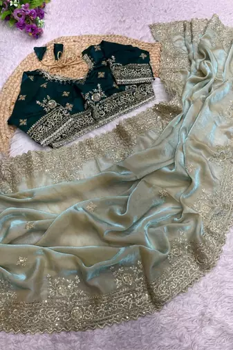 Light Green Color sartin fabric embroidery sequence work heavy border  Saree