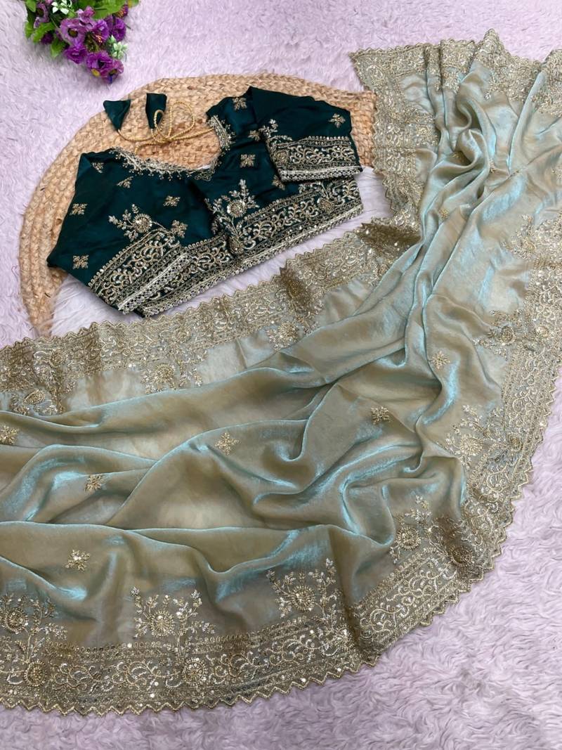 Light Green Color sartin fabric embroidery sequence work heavy border  Saree