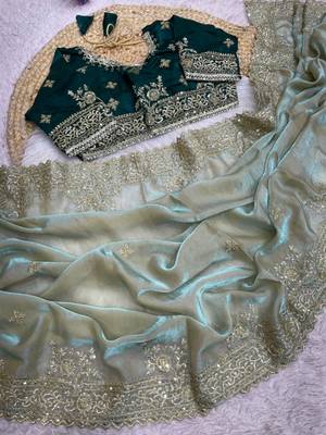 light green satin saree with embroidery and heavy border 4